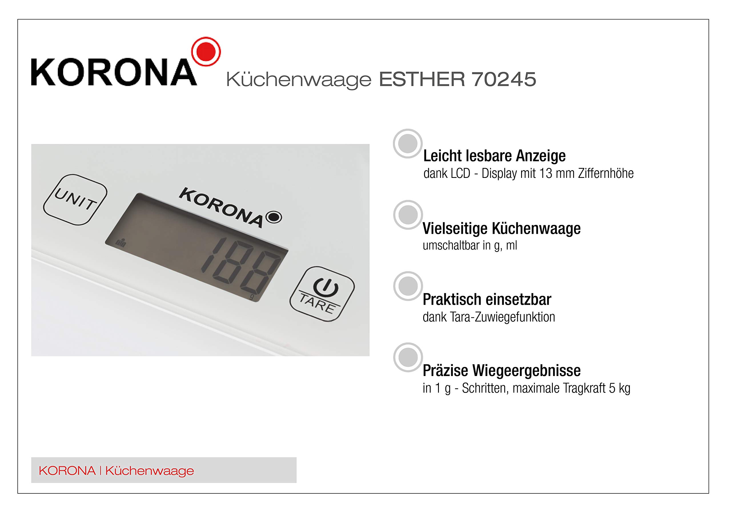 Korona Esther 70245 bilancia cucina 5 kg bianca vetro
