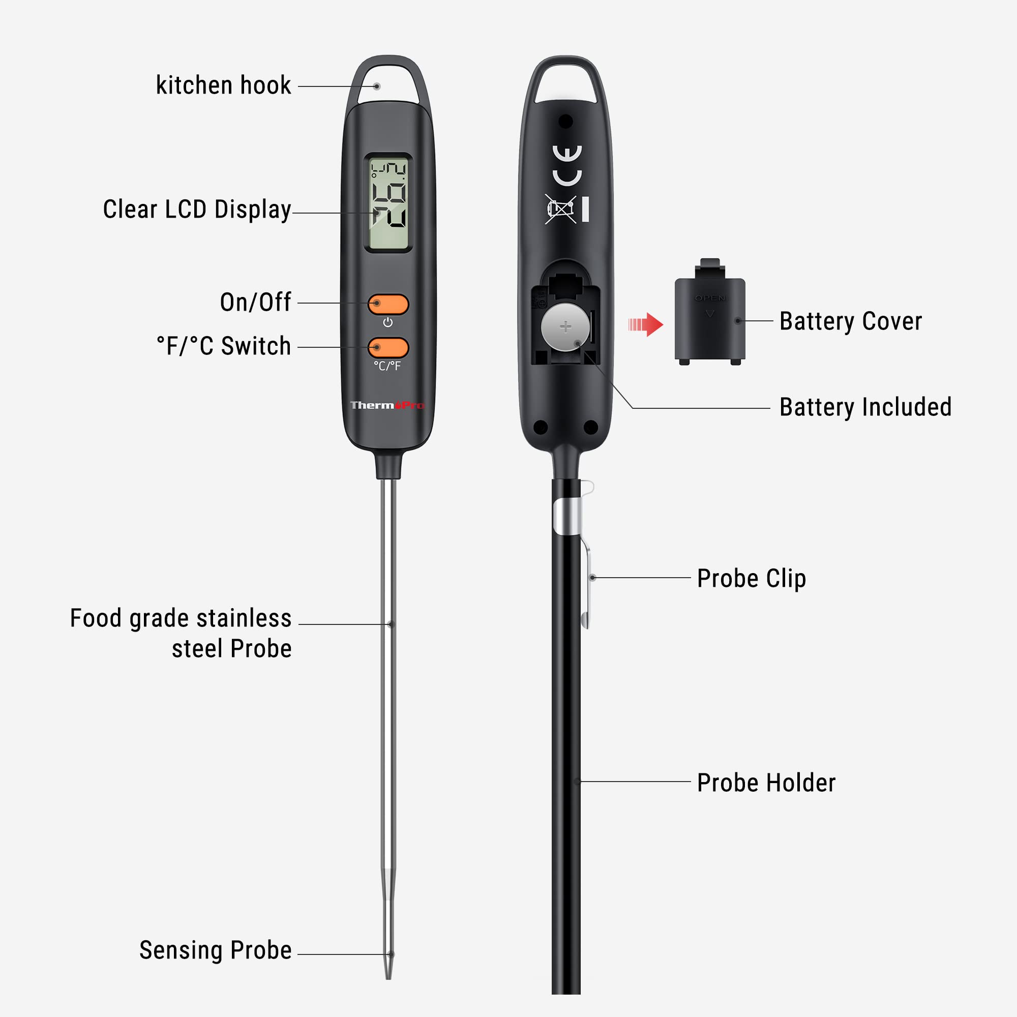 ThermoPro TP516 Termometro Cucina Istantaneo Nero 12 cm