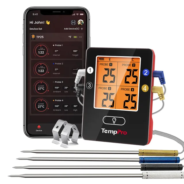 TempPro TP25W Termometro Carne Wireless Bianco 4 Sonde