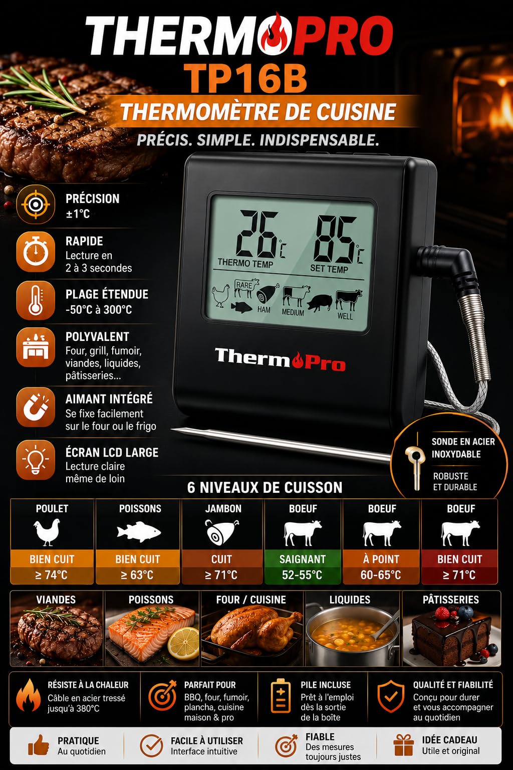 ThermoPro TP16B Termometro Carne Forno Nero 1 Sonda