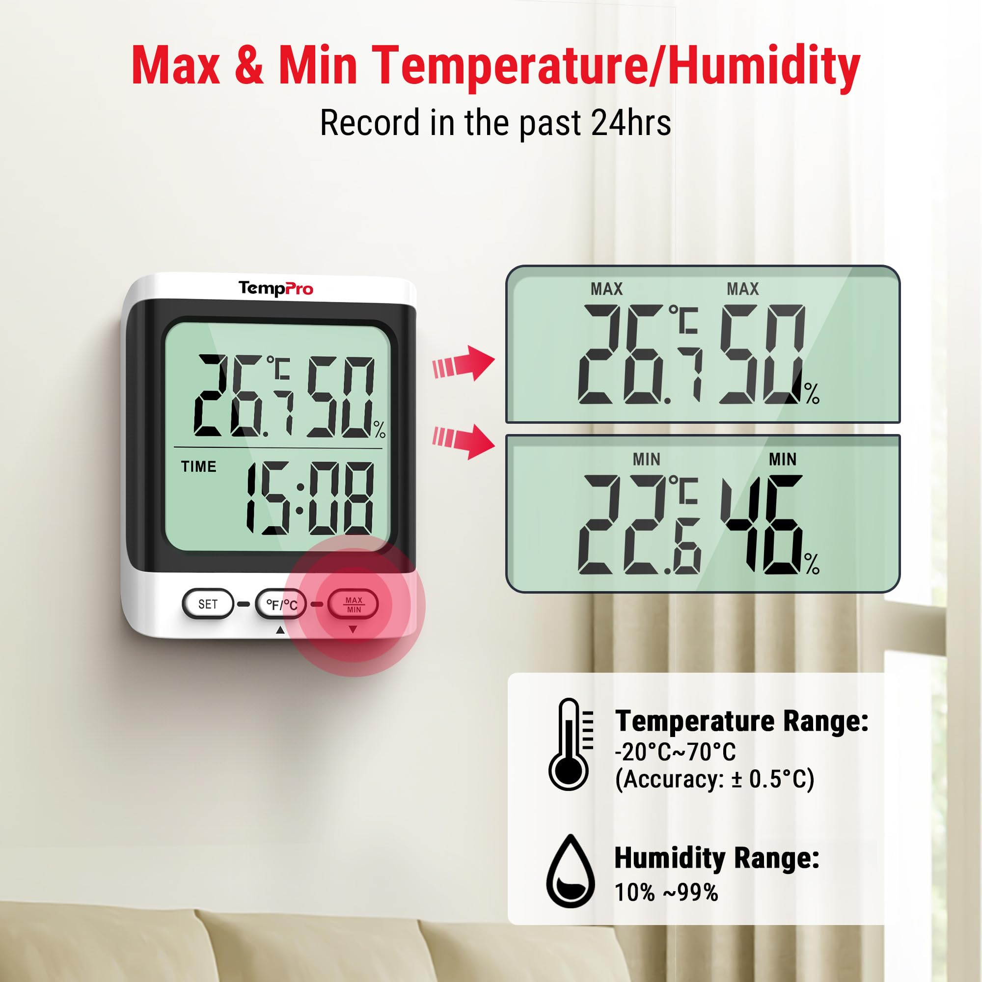 ThermoPro TP152 Termoigrometro Interno Orologio