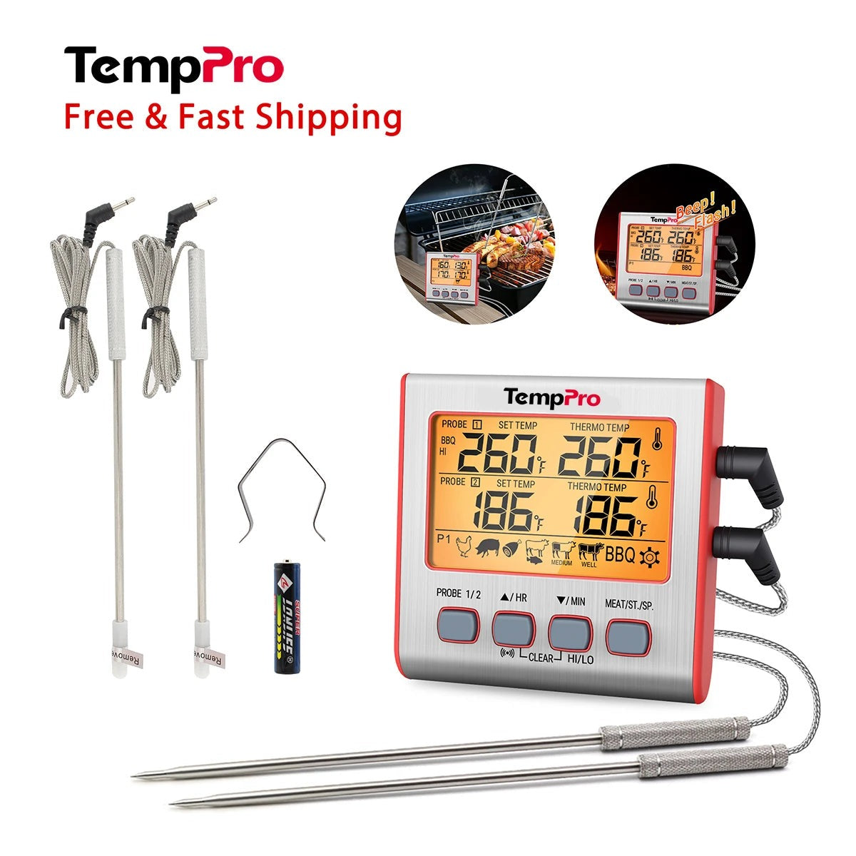 TempPro TP17W Termometro Carne Doppia Sonda Timer