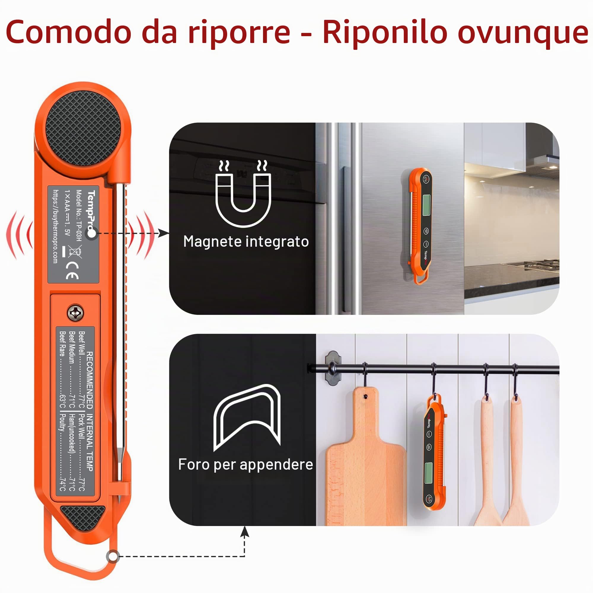 ThermoPro TP03H termometro carne arancione pieghevole