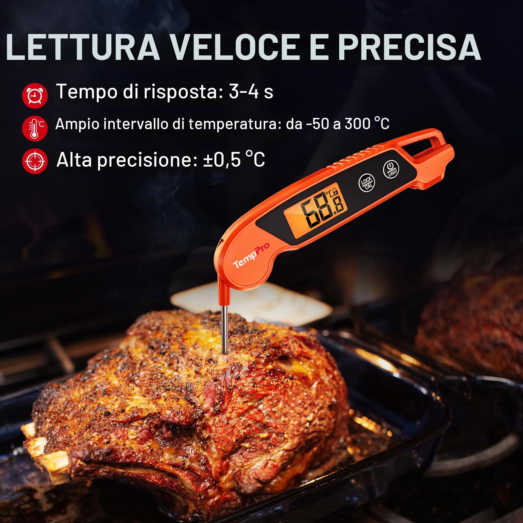 TempPro TP603 Termometro Carne Digitale Arancia IPX6