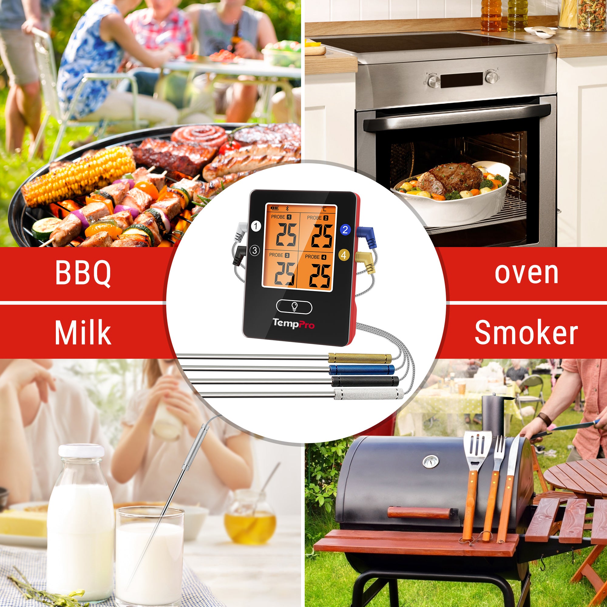 TempPro TP25W Termometro Carne Wireless Bianco 4 Sonde