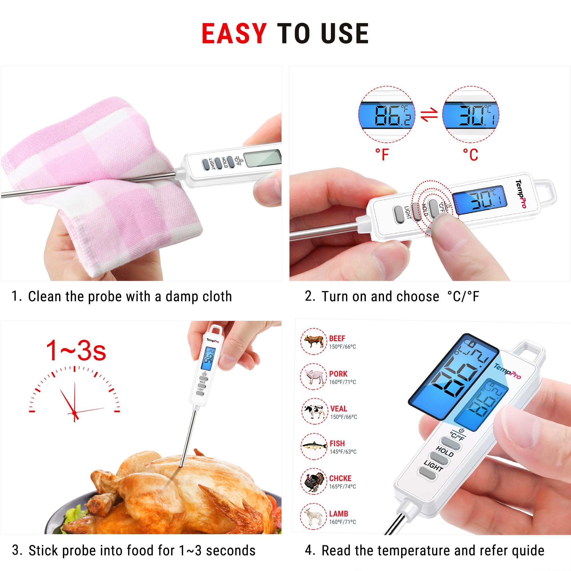 TempPro TP01 Termometro Carne Digitale Bianco Sonda Lunga