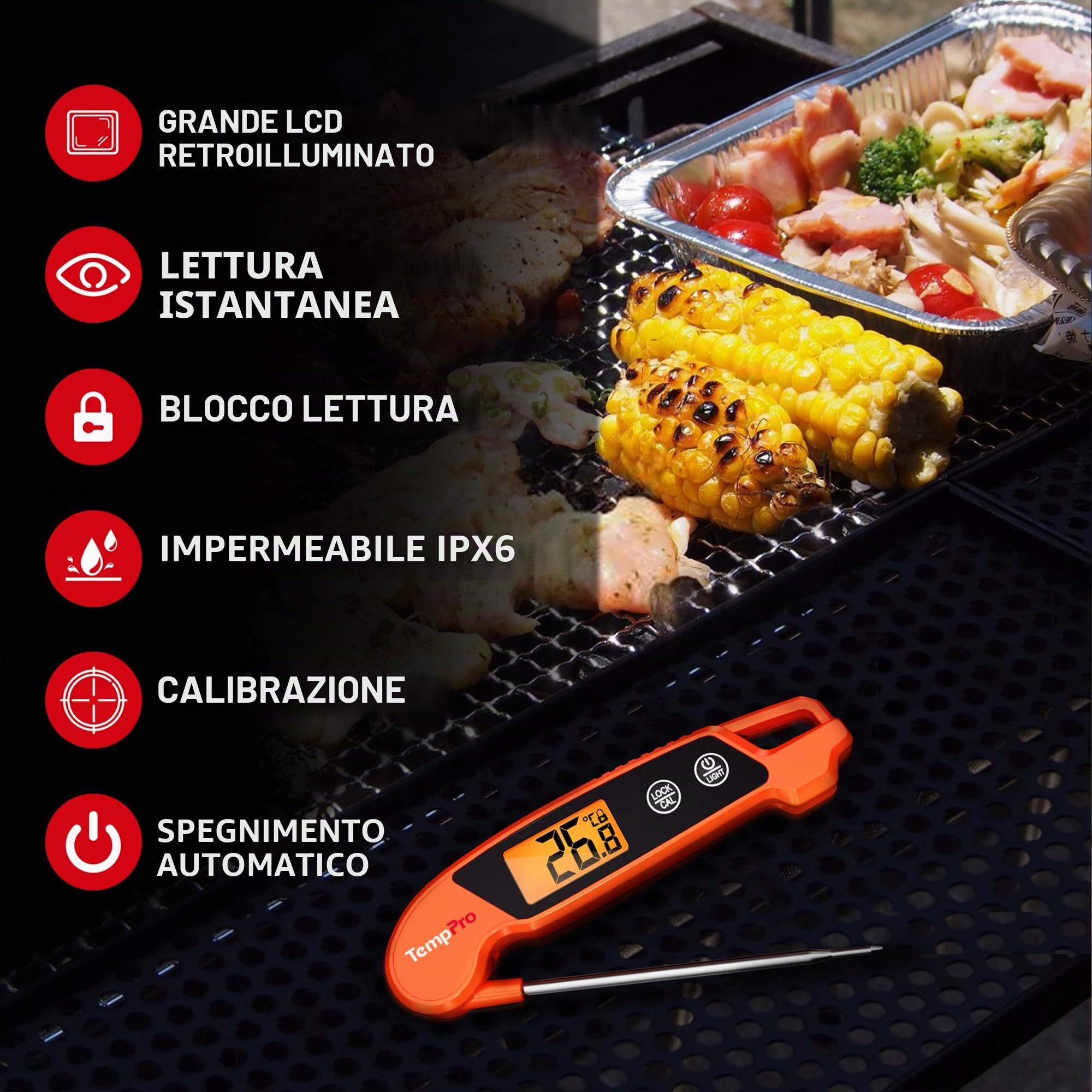 TempPro TP603 Termometro Carne Digitale Arancia IPX6