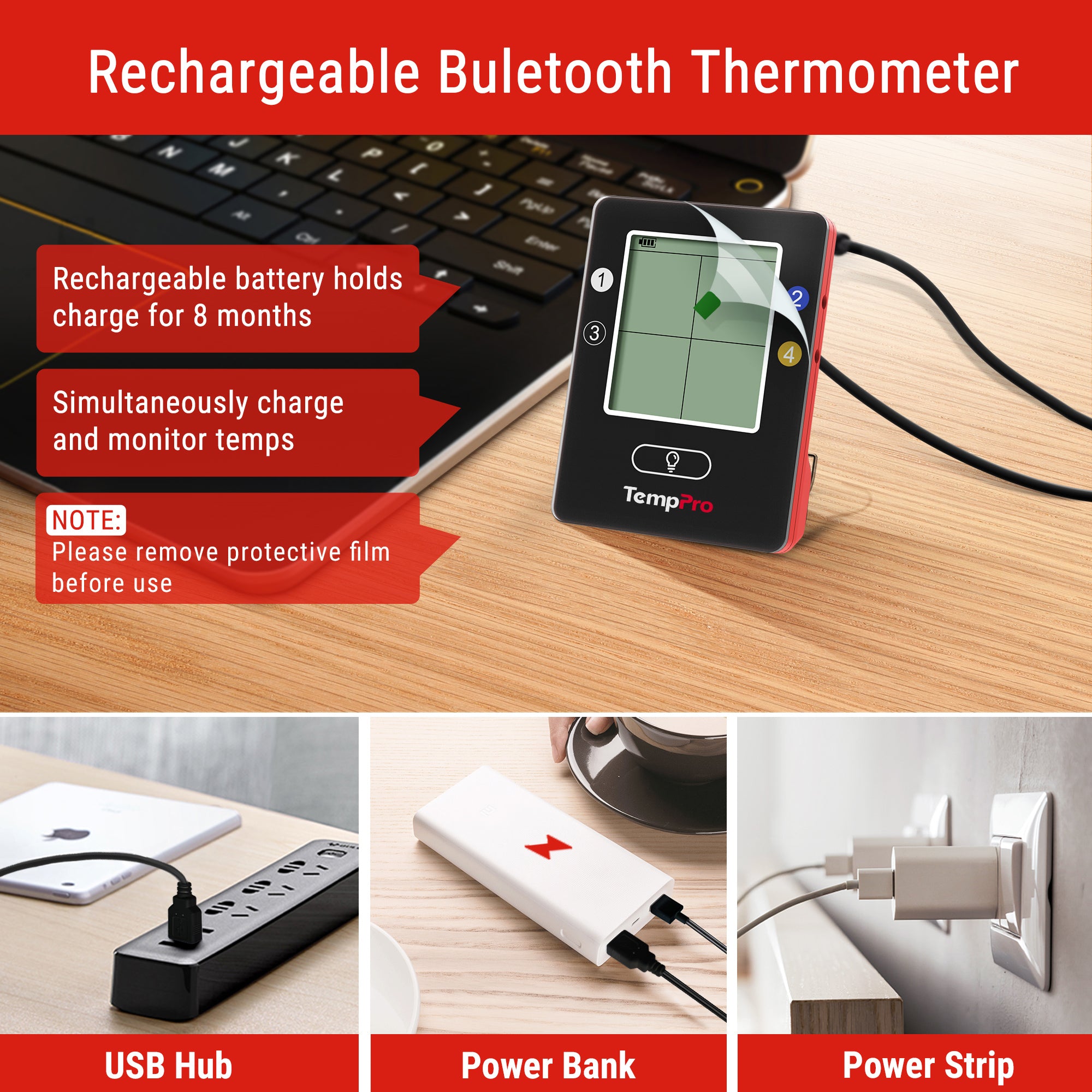TempPro TP25W Termometro Carne Wireless Bianco 4 Sonde