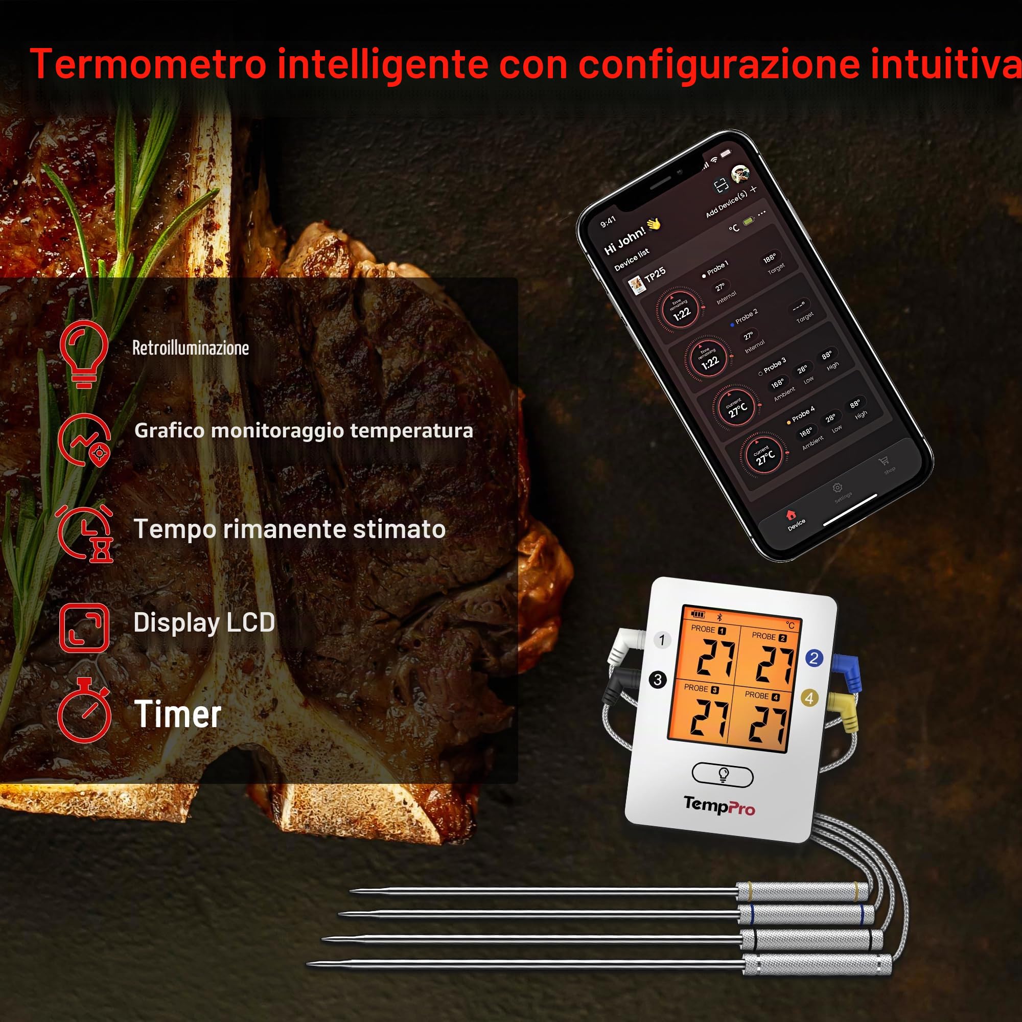 ThermoPro TP25 Termometro Carne Bluetooth 4 Sonde