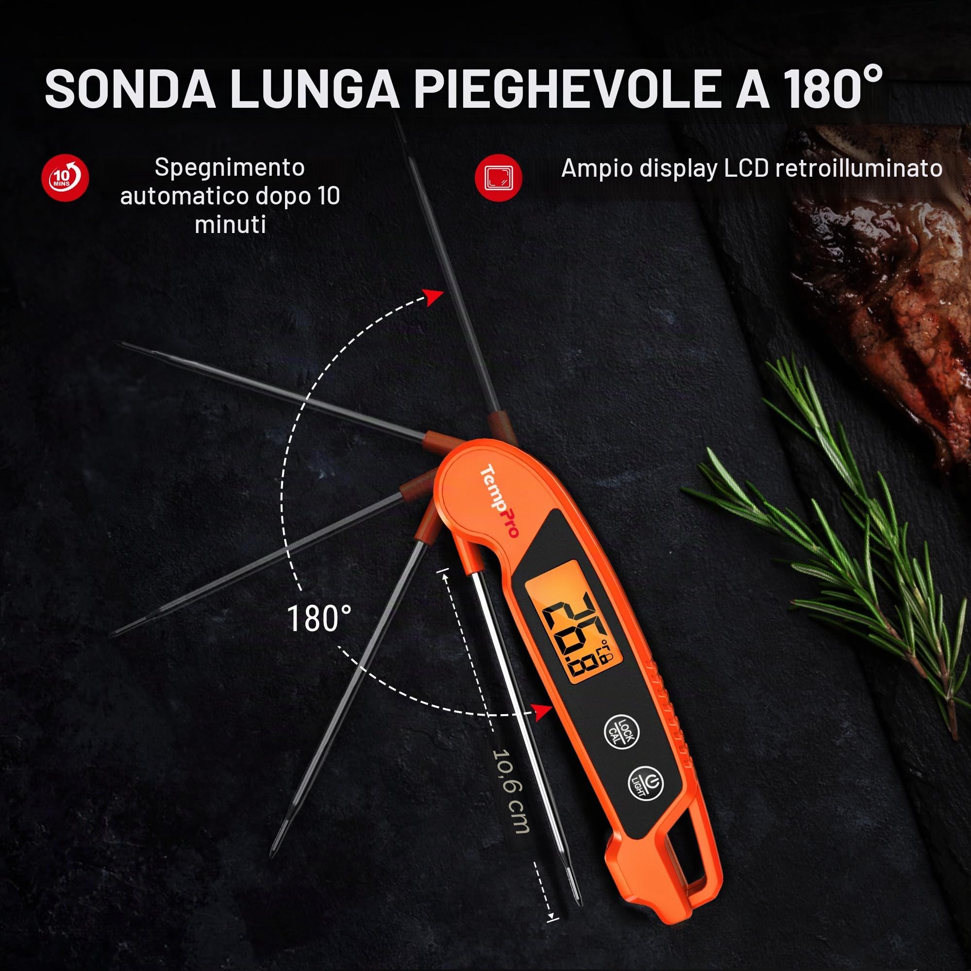 TempPro TP603 Termometro Carne Digitale Arancia IPX6